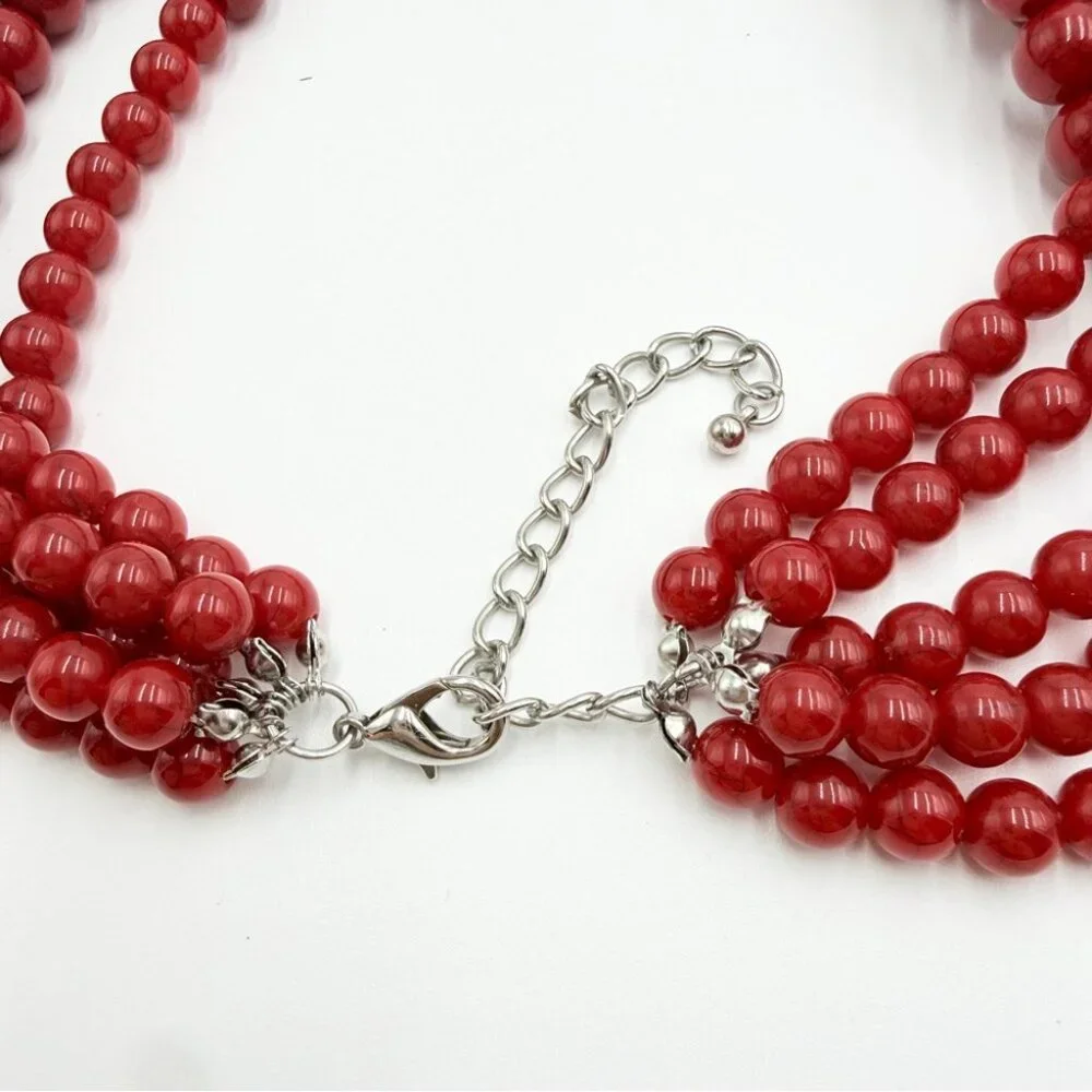 Vintage Red Beaded Multi Strand Statement Necklace Bold Chunky Bib - Picture 6 of 7
